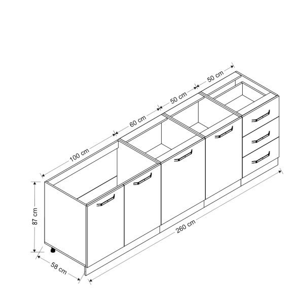 Minar 260 Cm Mutfak Dolabı Beyaz Dore 260-D2-Alt Modül