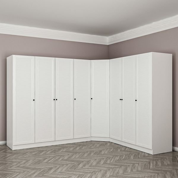 Minar Kale Corner Wardrobe with 8 Doors and 4 Drawers White Membrane Blinds