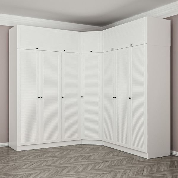 Minar Kale Corner Wardrobe with 7 Doors and 4 Drawers + Wardrobe White Membrane Blinds