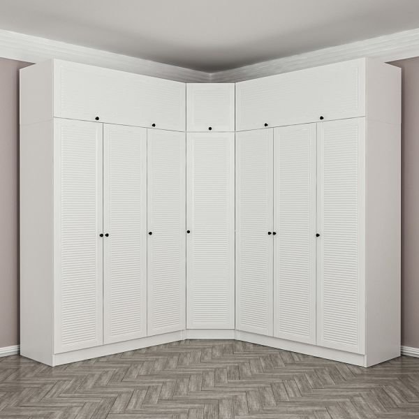 Minar Kale Corner Wardrobe with 7 Doors and 4 Drawers + Wardrobe White Membrane Blinds