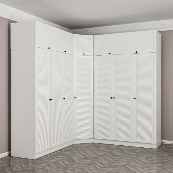 Minar Kale Corner Wardrobe with 7 Doors and 4 Drawers + Wardrobe White Membrane Blinds