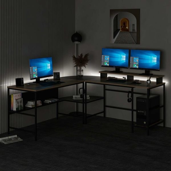 Minar Greta RGB Led Lighted L Corner Desk - Gold/Black