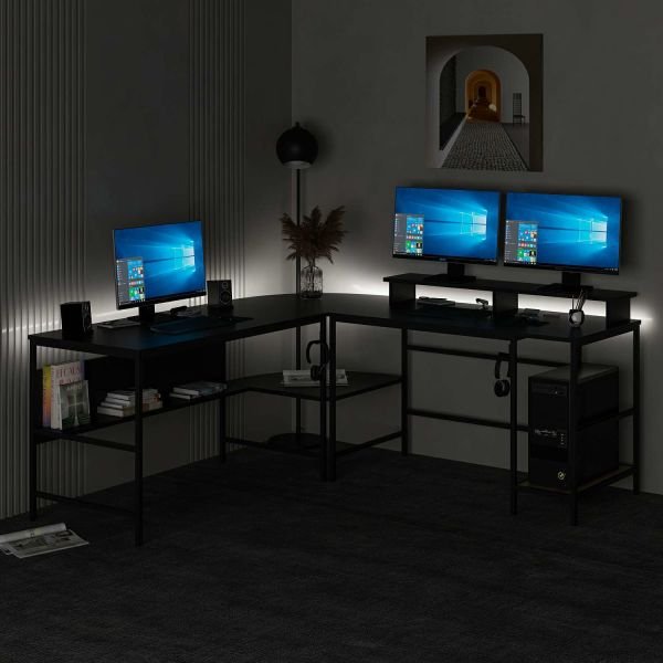 Minar Greta RGB Led Lighted L Corner Desk - Black