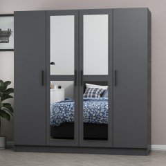 Minar Kale Wardrobe with 4 Doors, 2 Mirrors, 2 Drawers, Anthracite