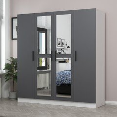 Minar Kale Wardrobe With 4 Doors, 2 Mirrors, 2 Drawers, White Anthracite