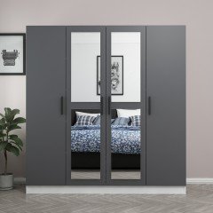 Minar Kale Wardrobe With 4 Doors, 2 Mirrors, 2 Drawers, White Anthracite