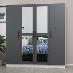 Minar Kale Wardrobe With 4 Doors, 2 Mirrors, 2 Drawers, White Anthracite