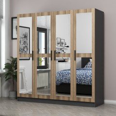 Minar Kale Wardrobe with 4 Doors, 4 Mirrors and 2 Drawers Anthracite Dore