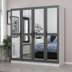 Minar Kale Wardrobe With 4 Doors, 4 Mirrors, 2 Drawers, White Anthracite