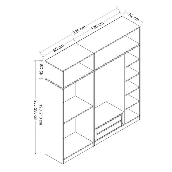 Minar Kale Wardrobe With 5 Doors, 2 Drawers And Wardrobe White Anthracite