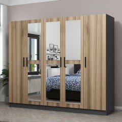 Minar Kale Wardrobe with 5 Doors, 3 Mirrors and 2 Drawers Anthracite Dore