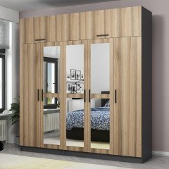 Minar Kale Wardrobe With 5 Doors, 3 Mirrors, 2 Drawers And Wardrobe Anthracite Dore