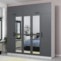 Minar Kale Wardrobe With 5 Doors, 3 Mirrors, 2 Drawers And Wardrobe White Anthracite