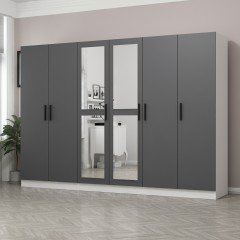 Minar Kale Wardrobe with 6 Doors, 2 Mirrors, 2 Drawers, White Anthracite