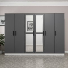 Minar Kale Wardrobe with 6 Doors, 2 Mirrors, 2 Drawers, White Anthracite