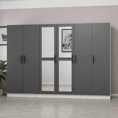 Minar Kale Wardrobe with 6 Doors, 2 Mirrors, 2 Drawers, White Anthracite