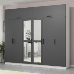 Minar Kale Wardrobe With 6 Doors, 2 Mirrors, 2 Drawers And Wardrobe White Anthracite