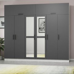 Minar Kale Wardrobe With 6 Doors, 2 Mirrors, 2 Drawers And Wardrobe White Anthracite