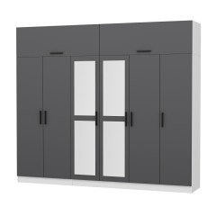 Minar Kale Wardrobe With 6 Doors, 2 Mirrors, 2 Drawers And Wardrobe White Anthracite