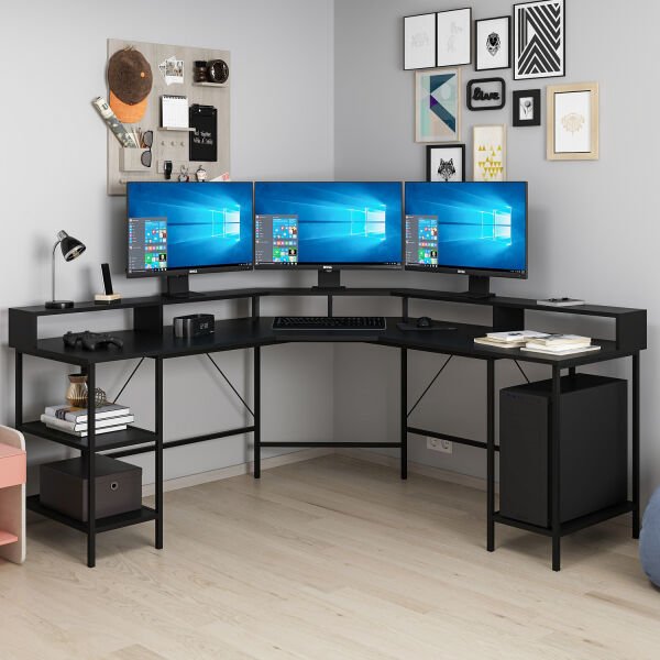 L Corner Desk with Power Monitor Shelf - Black