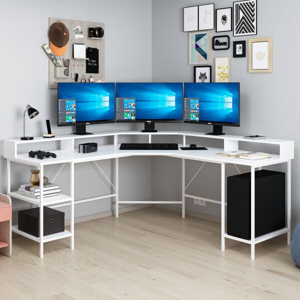 L Corner Desk with Power Monitor Shelf - White