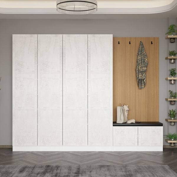 Minar Kale Decor Panel 4 Doors 2B Shelf Coat Stand + Shoe Rack Cushioned White Tumbled White