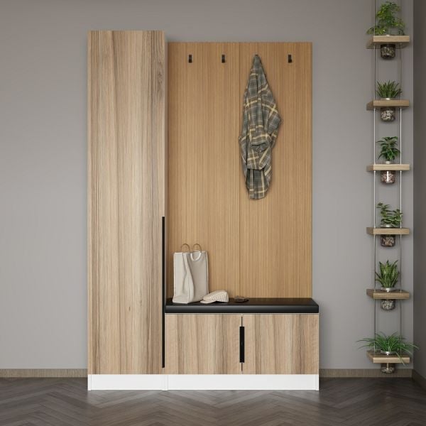 Minar Kale Decor Panel 1 Covered 1B Shelf Coat Stand + Shoe Rack Cushioned White Dore Plus