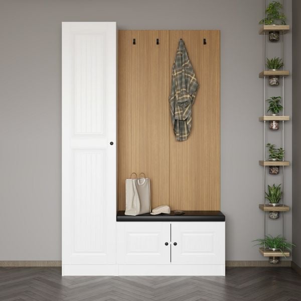 Minar Kale Decor Panel 1 Covered 1B Shelf Coat Stand + Shoe Rack Cushioned White Membrane Spring White