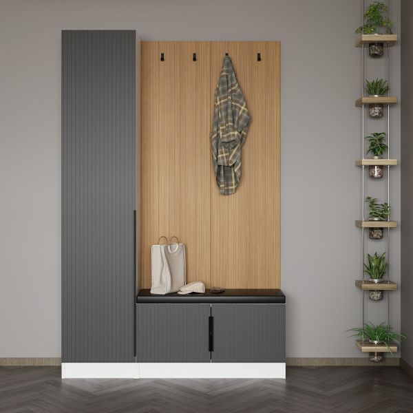 Minar Kale Decor Panel 1 Covered 1B Shelf Coat Stand + Shoe Rack Cushioned White Membrane Striped Anthracite