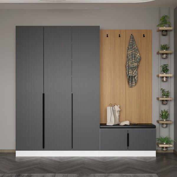 Minar Kale Decor Panel 3 Doors 1B Shelf Coat Stand + Shoe Rack Cushioned White Membrane Striped Anthracite