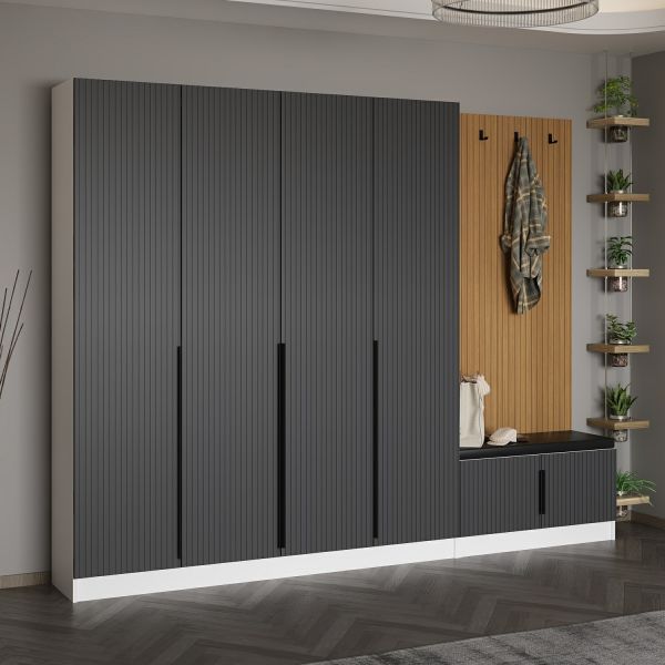 Minar Kale Decor Panel 4 Doors 2B Shelf Coat Stand + Shoe Rack Cushioned White Membrane Striped Anthracite