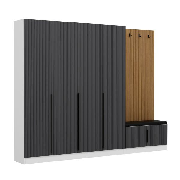 Minar Kale Decor Panel 4 Doors 2B Shelf Coat Stand + Shoe Rack Cushioned White Membrane Striped Anthracite