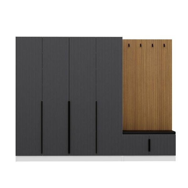 Minar Kale Decor Panel 4 Doors 2B Shelf Coat Stand + Shoe Rack Cushioned White Membrane Striped Anthracite