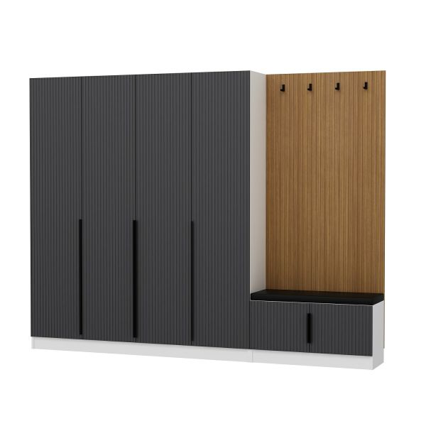 Minar Kale Decor Panel 4 Doors 2B Shelf Coat Stand + Shoe Rack Cushioned White Membrane Striped Anthracite