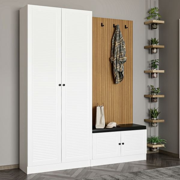 Minar Kale Decor Panel 2 Covered 2B Shelf Coat Stand + Shoe Rack Cushioned White Membrane Blinds White