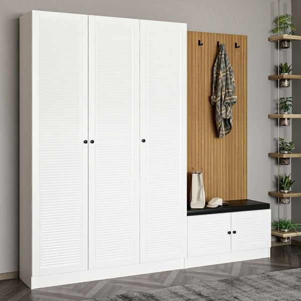 Minar Kale Decor Panel 3 Doors 1B Shelf Coat Stand + Shoe Rack Cushioned White Membrane Blinds White