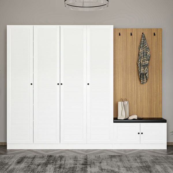 Minar Kale Decor Panel 4 Doors 2B Shelf Coat Stand + Shoe Rack Cushioned White Membrane Blinds White