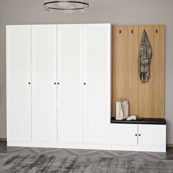 Minar Kale Decor Panel 4 Doors 2B Shelf Coat Stand + Shoe Rack Cushioned White Membrane Blinds White