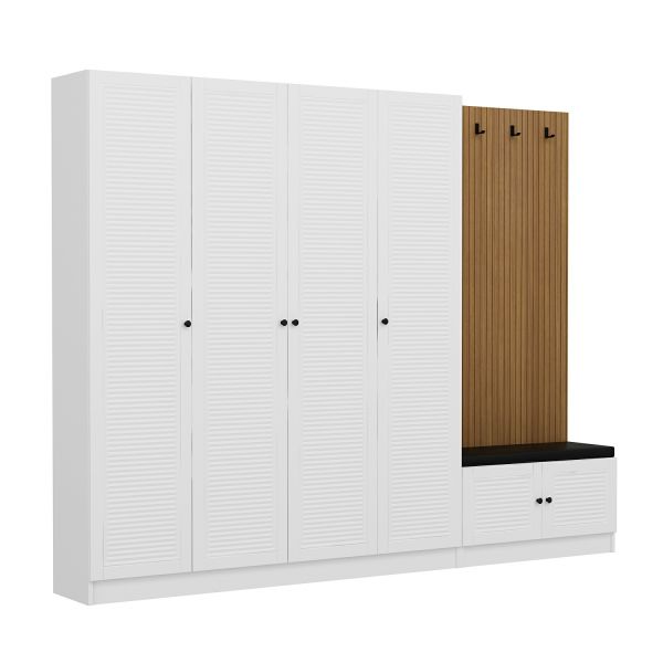 Minar Kale Decor Panel 4 Doors 2B Shelf Coat Stand + Shoe Rack Cushioned White Membrane Blinds White