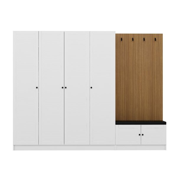 Minar Kale Decor Panel 4 Doors 2B Shelf Coat Stand + Shoe Rack Cushioned White Membrane Blinds White