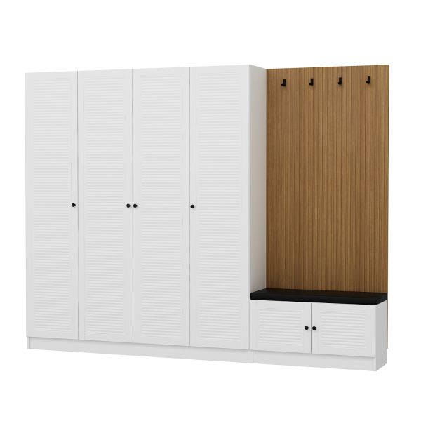 Minar Kale Decor Panel 4 Doors 2B Shelf Coat Stand + Shoe Rack Cushioned White Membrane Blinds White