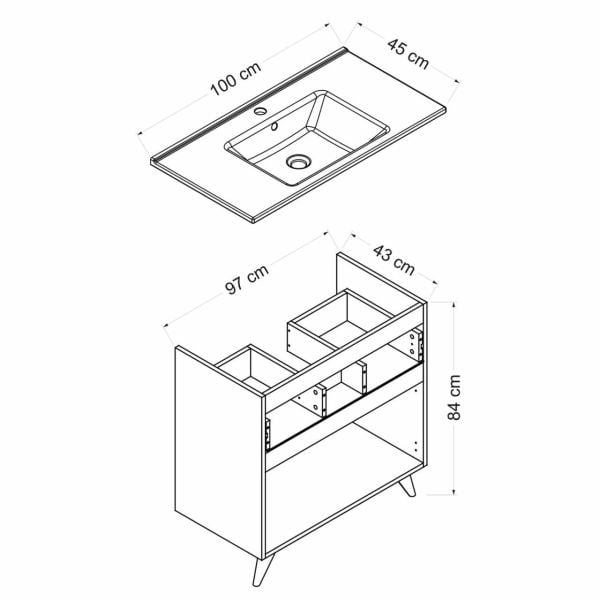 Minar Bathroom Cabinet Bottom 100Cm Ay2K1Ç+Etj White