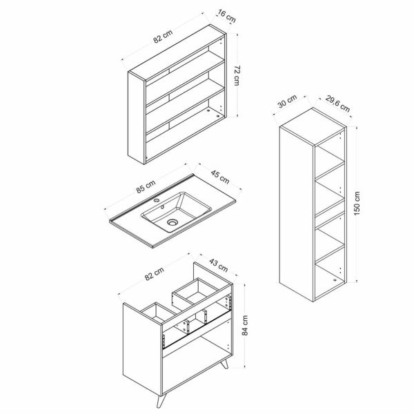 Minar Bathroom Cabinet 85Cm Ay2K1Ç+2K2A+Etj+Length White